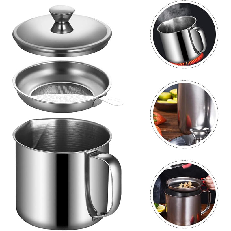 Stainless Steel Grease Keeper with Strainer - Large Food-Grade Oil Storage Pot - Includes Pouring Spout and Lid for Kitchen Oil Filtration and Storage - Safe Cooking Oil Container for Home Use - 43.96oz