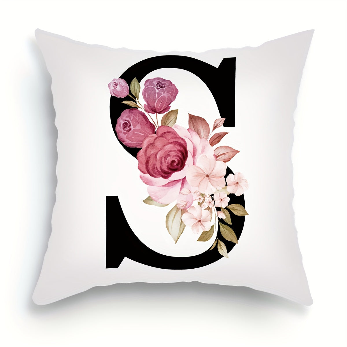 English letter flower print pillowcase for sofa cushions, 45.72cm x 45.72cm.