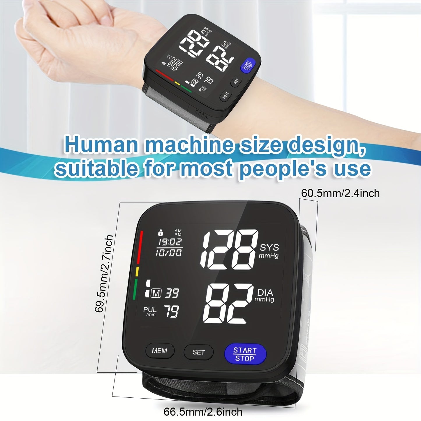 Household wrist blood pressure monitor, portable and wireless, can store up to 180 readings for two users (battery not included).