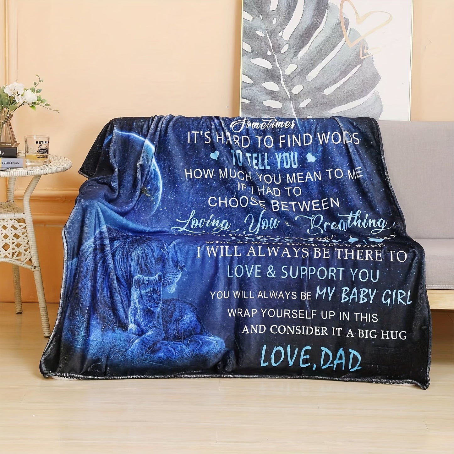 Ultra soft and cozy flannel throw blanket featuring a contemporary lion dad design, perfect for bed or sofa. Ideal for a birthday, Christmas, or Thanksgiving gift for my daughter.