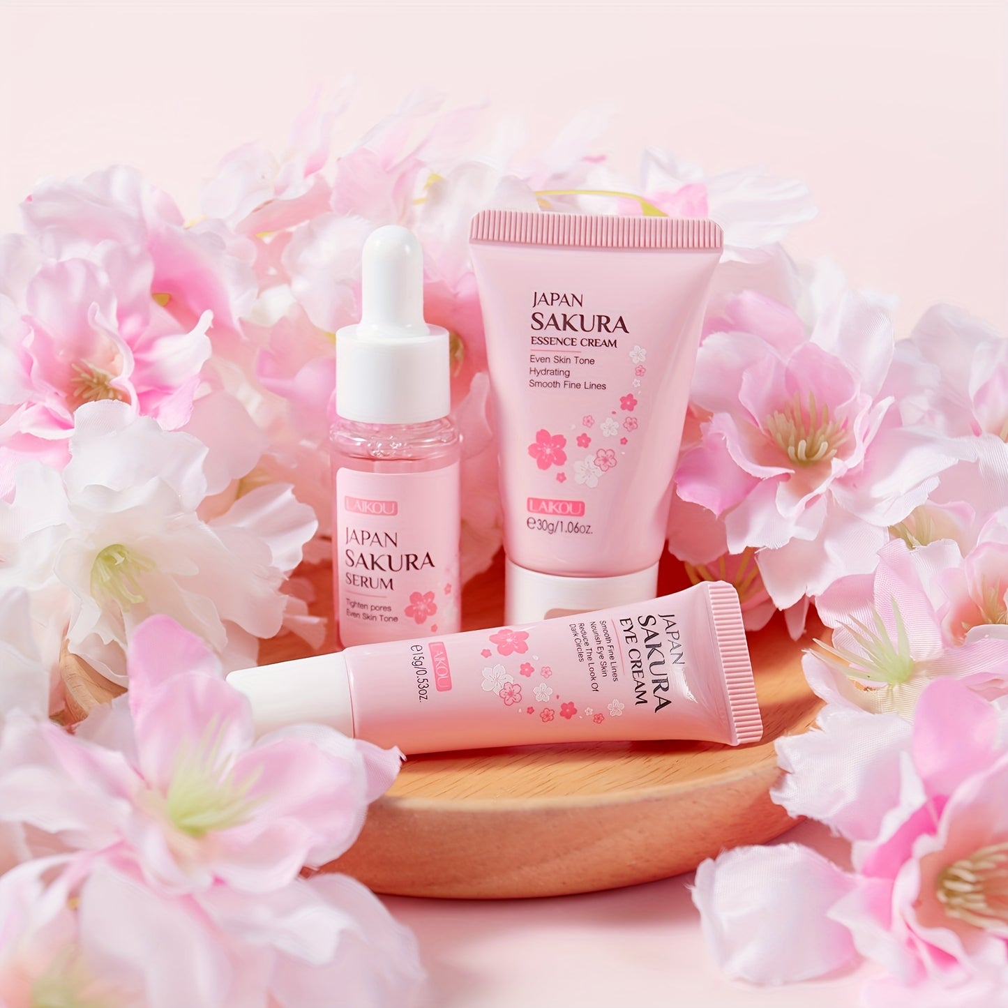 LAIKOU Japanese Cherry Blossom Skin Care Set includes Serum, Liquid Eye Cream, and Face Cream. Perfect as a skincare gift set.