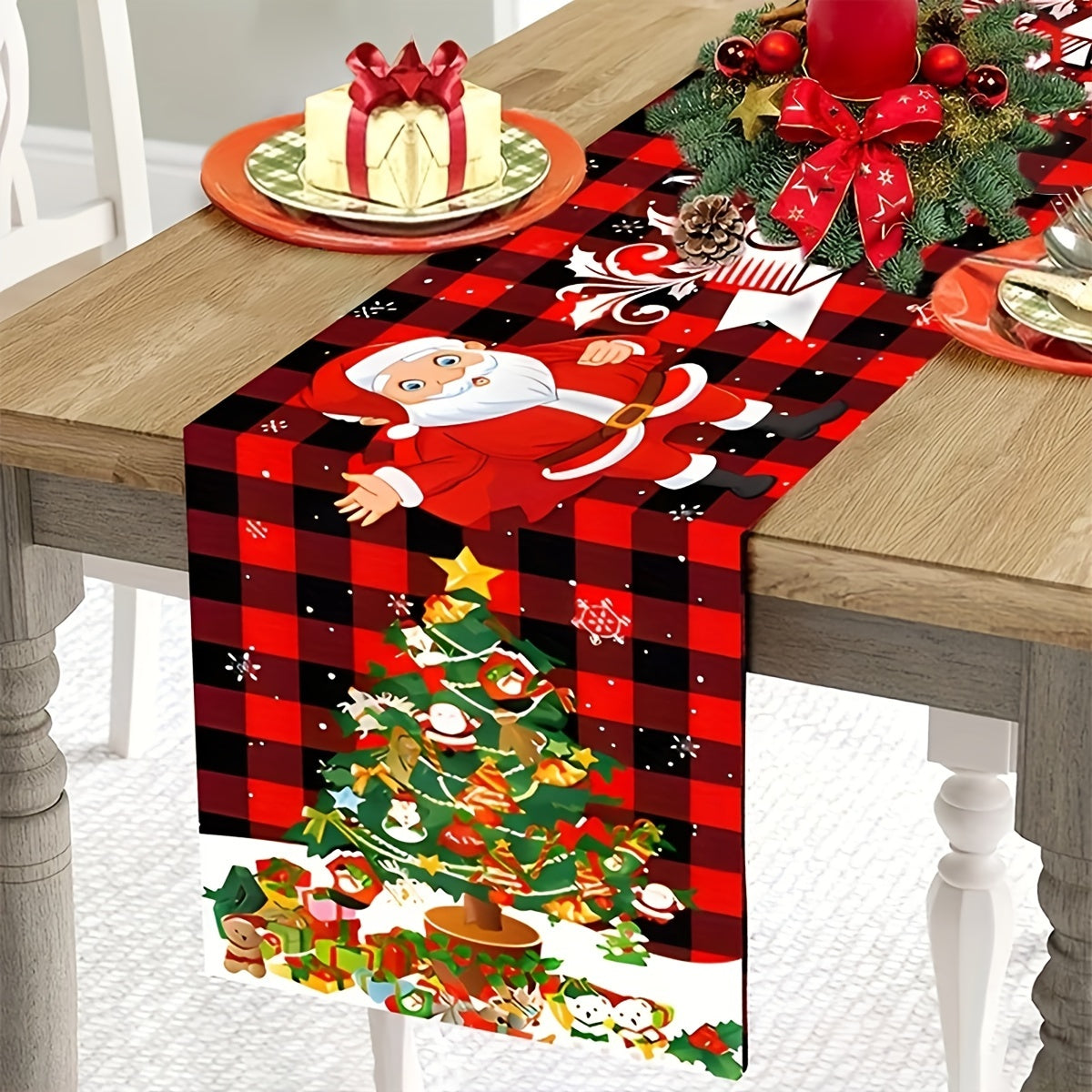 Polyester table runner featuring Santa Claus and reindeer designs, perfect for holiday gatherings and winter home decoration.