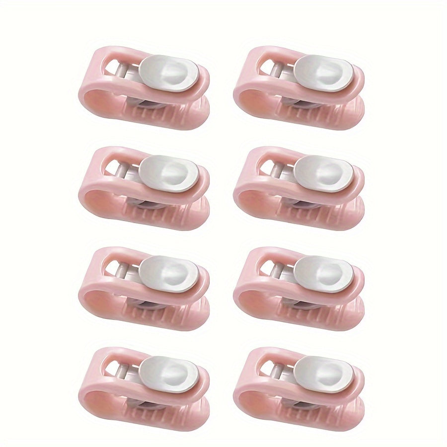 Polypropylene Bed Sheet Clips in a Pack of 8, Featuring Pink Plastic Blanket Clips. These Safe Needle-Free Clips Provide a Non-Slip Grip for Blankets and Curtains. Installation is Easy and They are for Hand Wash Only.