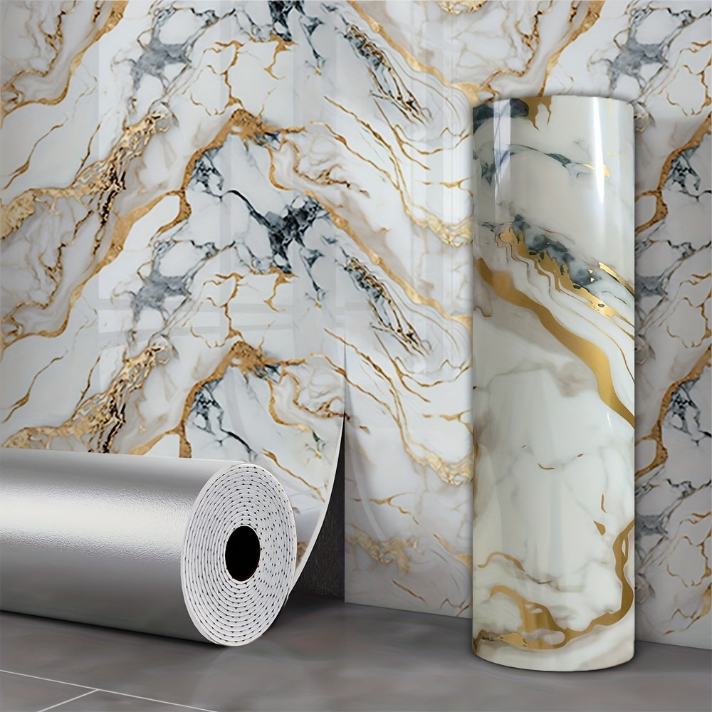 1 roll of waterproof and oil resistant marble patterned aluminum film self-adhesive wallpaper for decorating walls in living rooms, kitchens, and bathrooms.