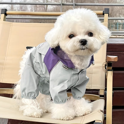 Waterproof pet raincoat with hood for small dogs and cats in light green PVC material. Features stylish two-tone design, button closure, and is hand wash only. Ideal for Teddy and Bichon