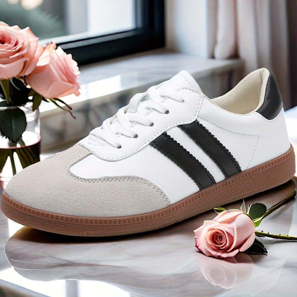 Women's Striped Flat Sneakers, Casual Lace Up Outdoor Shoes.