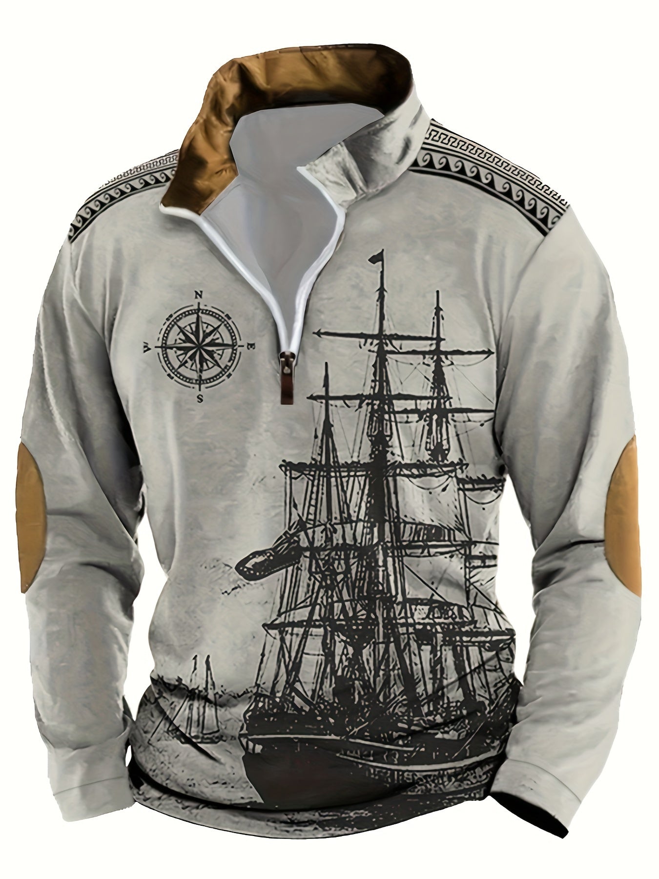 Men's vintage nautical ship print Henley sweatshirt made of 100% polyester with lapel collar, zipper detail, and loose fit. Great for fall/winter casual wear.