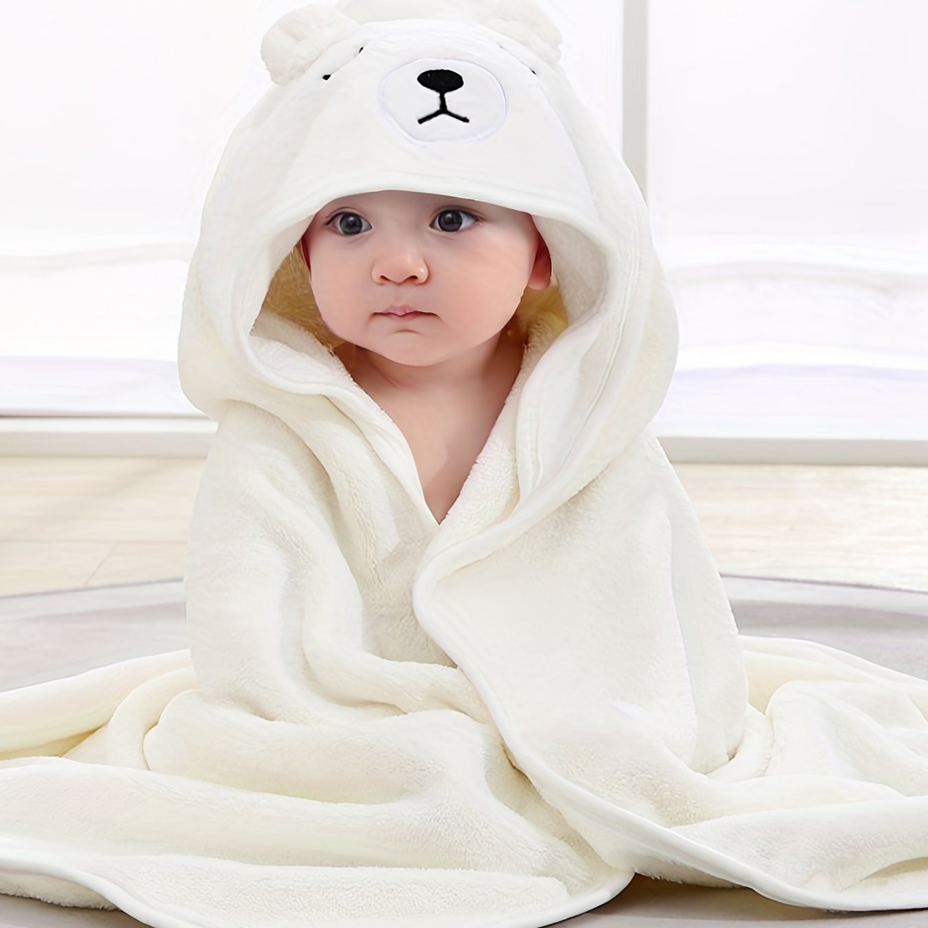 Soft and cozy microfiber baby bathrobe with elephant hood and matching hat, suitable for boys and girls aged 0-2 years. Features cartoon design, machine washable, and includes bath