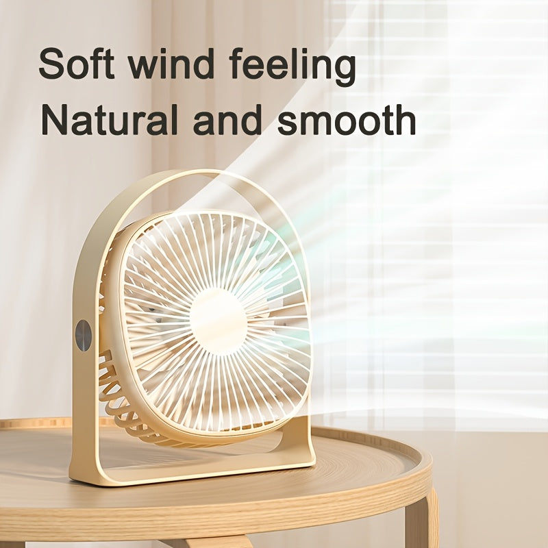 Desktop Fan with LED Light, 5-Speed Strong Wind, 360° Rotatable Head, USB Rechargeable 1200mAh Lithium Battery, Portable Design, Button Control, Plastic Material, Suitable for Indoor & Outdoor Use in Office, Restaurant, Bedroom