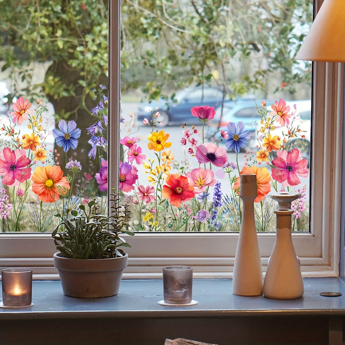 Double-sided static window decoration with colorful plant and flower design