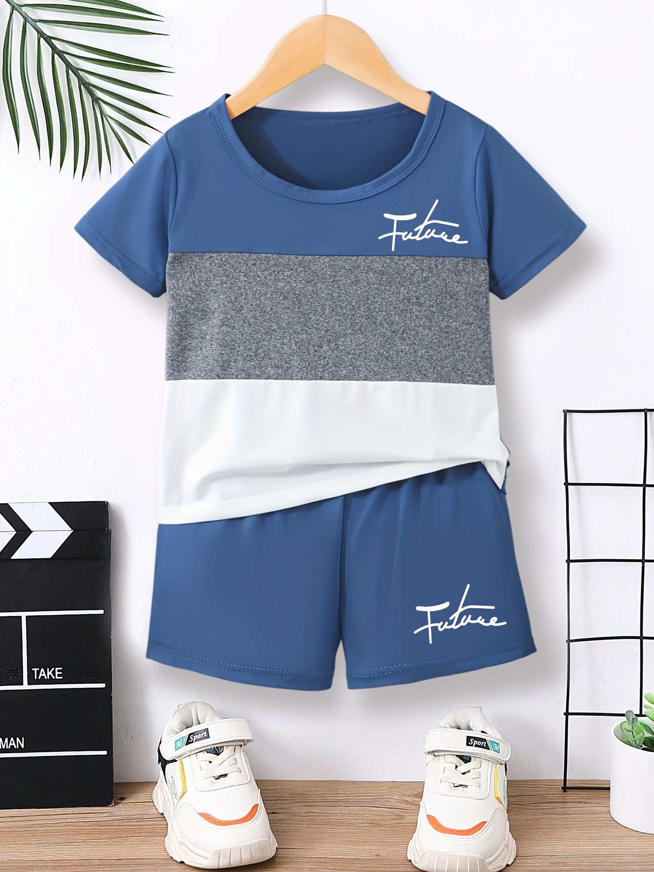 Boys' Summer Casual Outfit Set: Polyester Letter Print T-Shirt & Shorts Combo - Breathable Knit Fabric, Ideal for Outdoor Play