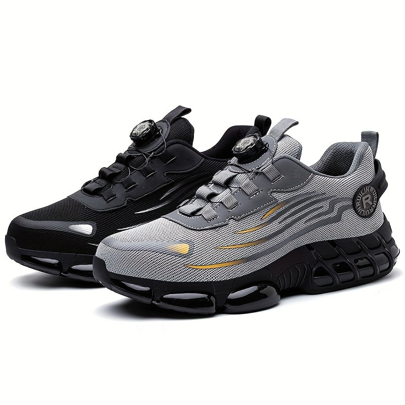 Men's steel toe safety sneakers with rotary button closure for all-season protection during work and outdoor activities.