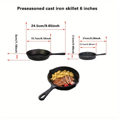 This 4-Piece Set of Cast Iron Skillets is Pre-Seasoned and Must be Hand Washed. Suitable for Indoor and Outdoor Use, Compatible with Grill and Stovetop. Set includes Chef Sizes 25.4cm, 20.32cm, 15.24cm, and 10.16cm with Cast Iron Handles.