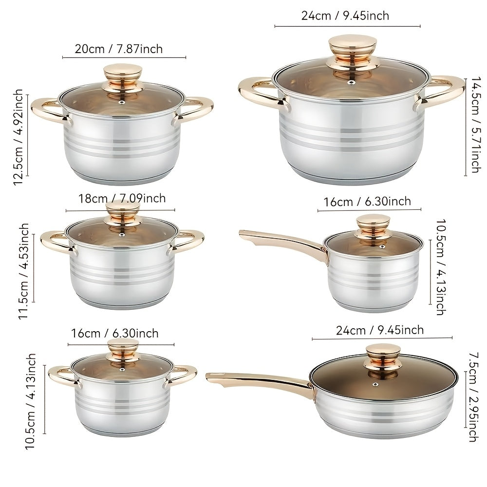 A durable set of 12 stainless steel cookware pieces featuring lids with anti-bronzing handles and visible lids. The 7-layer thickened covers provide durability, while the healthy material ensures safe cooking. This set includes a variety of kitchen pots