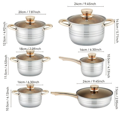 A durable set of 12 stainless steel cookware pieces featuring lids with anti-bronzing handles and visible lids. The 7-layer thickened covers provide durability, while the healthy material ensures safe cooking. This set includes a variety of kitchen pots