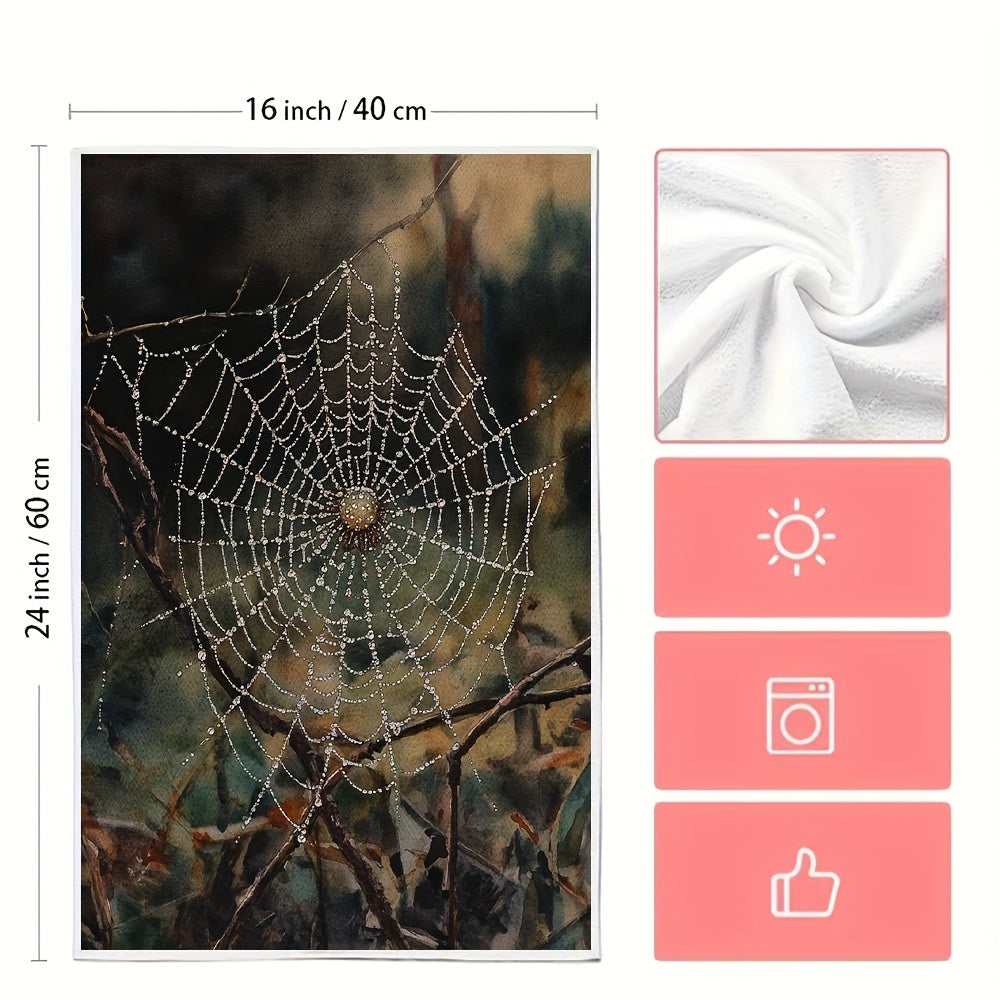 Set of 2 Ultra Plush Kitchen Towels - Beautiful Spider Web Design with Dewy Detail, Super Absorbent & Easy to Clean, Modern Style Polyester Hand Towels, 40.64x60.96 cm Perfect for Holiday Decor, Must-Have Kitchen Essentials | Stylish Kitchenware |