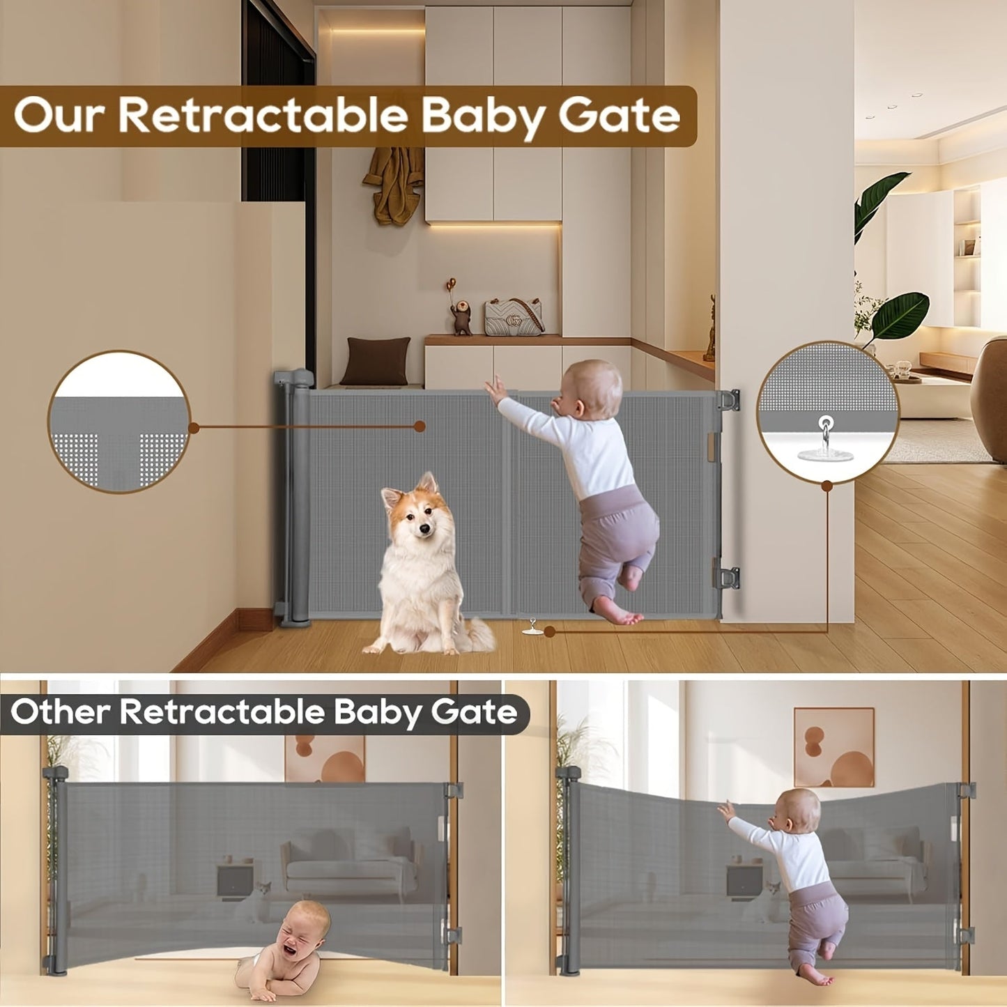 Get the 1pc Extra Wide Retractable Safety Gate for Children and Pets. It stands at 86.36cm tall and can expand up to 149.86cm wide. Made with durable polyester mesh, this gate doesn't require any assembly and can be easily mounted indoors or outdoors.