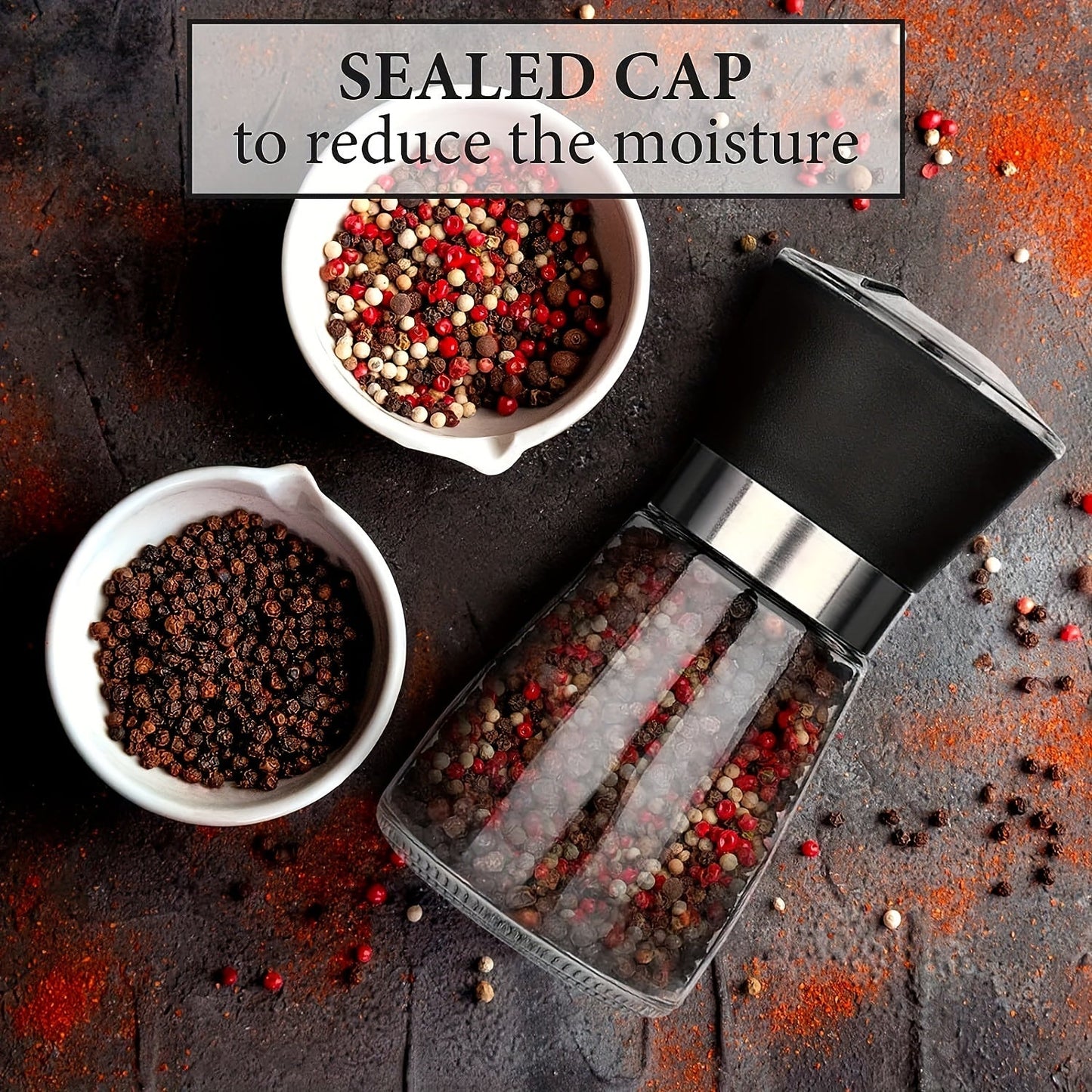 2 pieces of pepper grinder and household sea salt grinder made of glass. These manual spice grinders can also be used as a spice crusher and come in a reusable spice bottle for BBQ, picnic, camping, and everyday kitchen use. Perfect as Valentine's Day