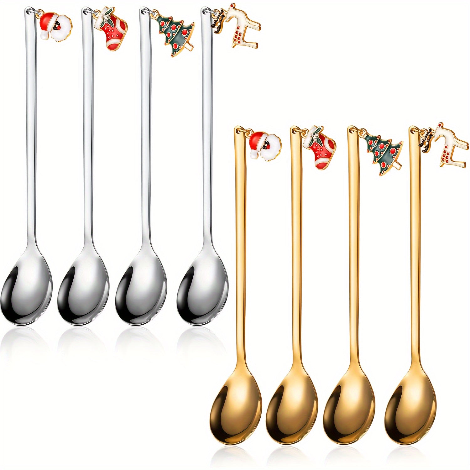 Set of four festive Christmas coffee and tea spoons crafted from stainless steel. These versatile spoons are perfect for stirring hot chocolate, enjoying ice cream, and indulging in desserts. They also make an ideal holiday gift and add a festive touch