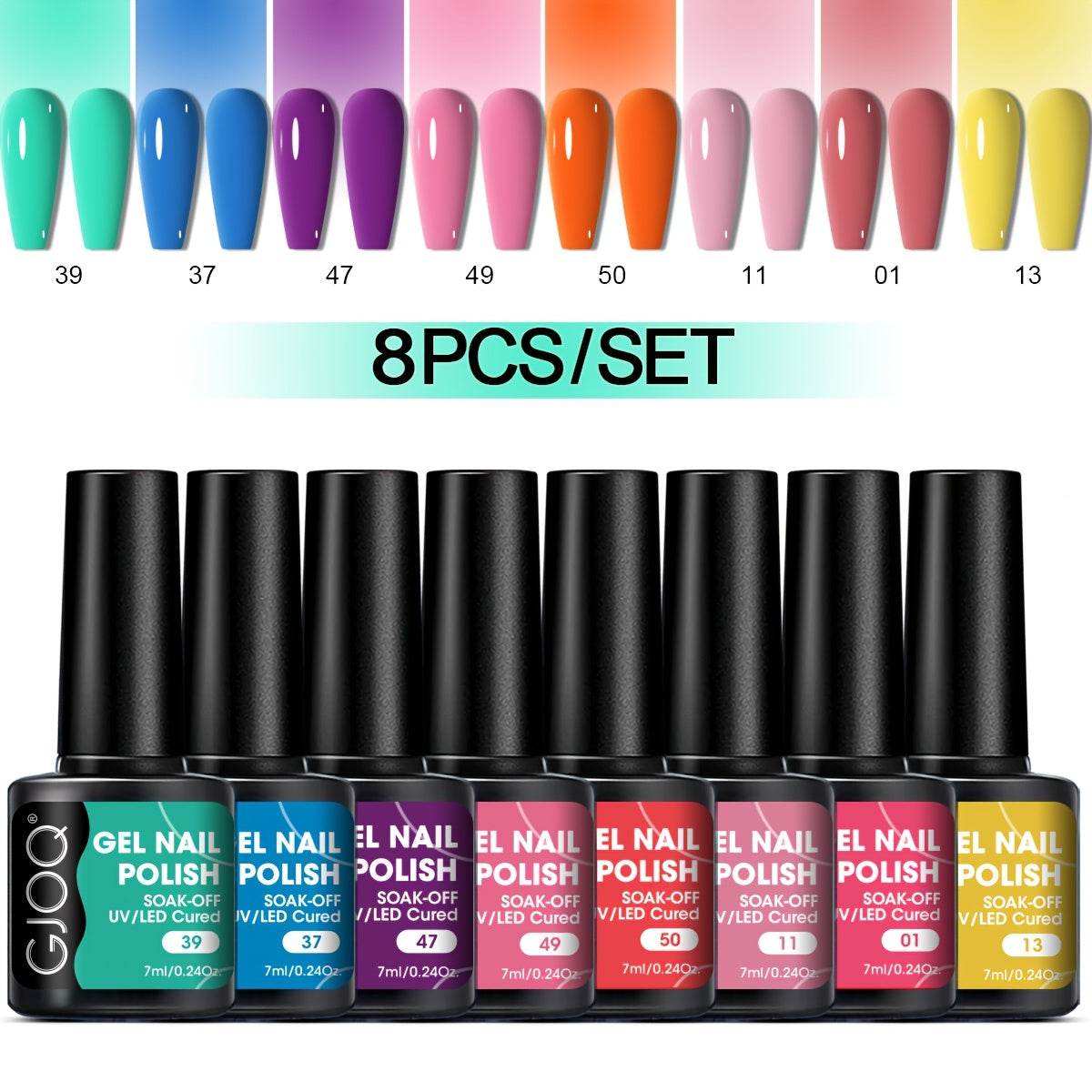 GJOQ 8-piece Gel Nail Polish Set: Long-lasting, UV/LED soakable, hypoallergenic, alcohol-free in neutral & glitter shades - ideal for DIY & salon.