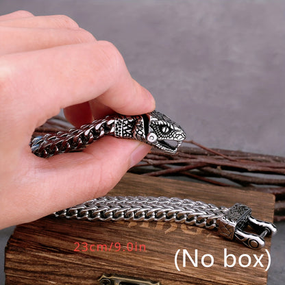 The Stainless Steel Viking Snake Head Bracelet for Men is built to last, with a fade-resistant, intricate design that exudes a punk rock style. A perfect gift for the fashion-forward man in your life, this dominant piece of jewelry will never lose its