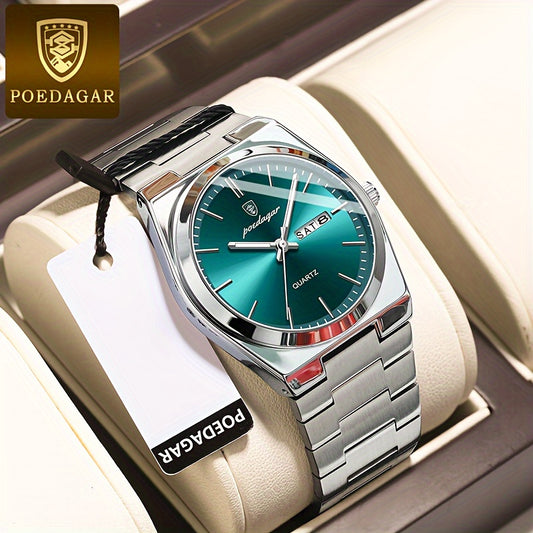 POEDAGAR Men's Luxury Stainless Steel Quartz Watch with Luminous Calendar Feature, Business & Casual Style