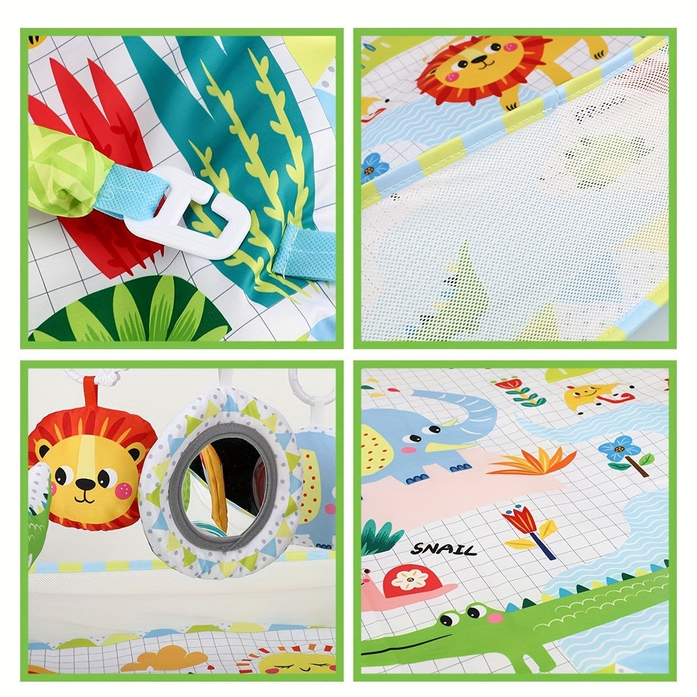 Assembly required, this infant activity center play gym features a multifunctional fence, cloth mat with a jungle animal theme, soft hanging toys, and an educational playmat suitable for newborns up to 3 years old. This would make an ideal gift for