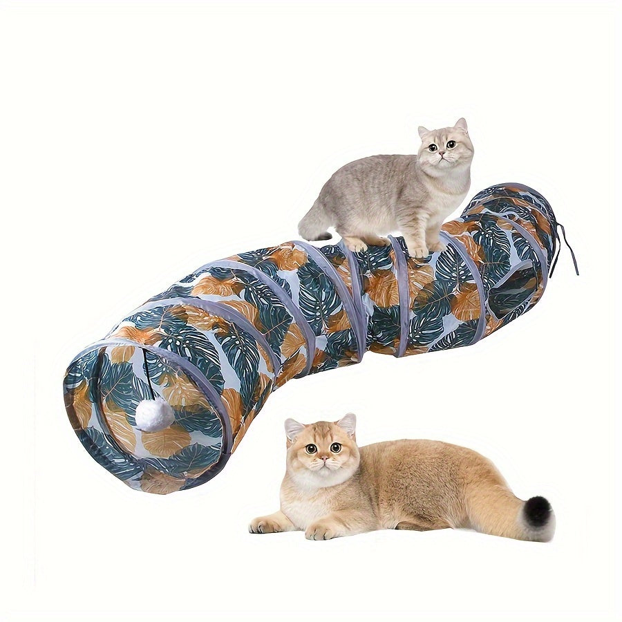 Collapsible cat tunnel with playful leaf print, foldable polyester pet toy for cats. Interactive and stimulating fun, easy to store and clean. Durable interactive cat toy.