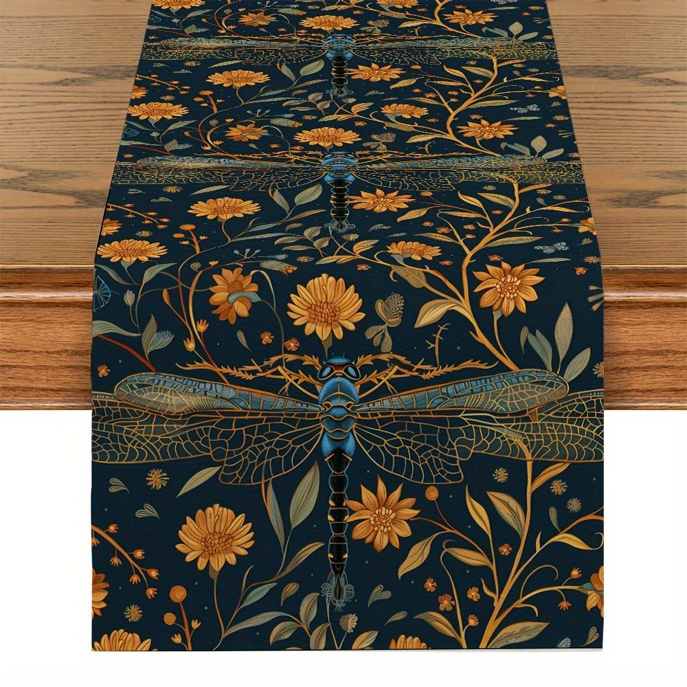 Elegant William Morris dragonfly floral table runner made from polyester for kitchen, dining room, parties, and home decor. Ideal for tabletop decoration.