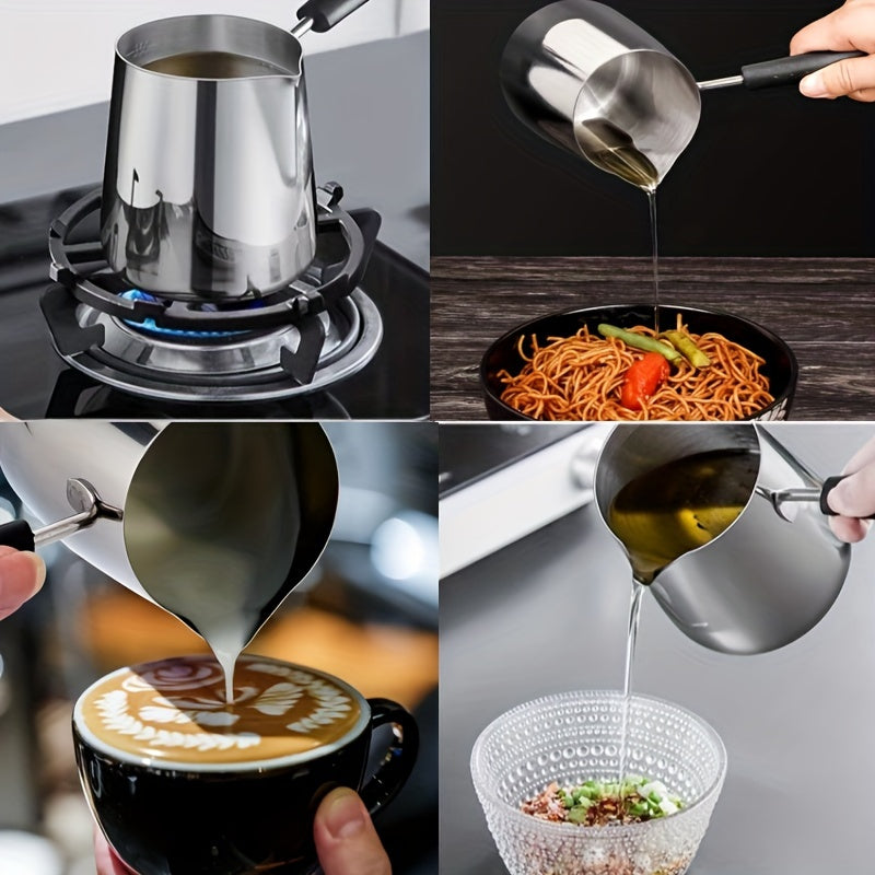 Premium Stainless Steel Milk Frothing Pitcher – Ideal for Coffee Art, Steaming, and Gas Stove Use. Features Long Handle, Perfect for Home Bars and Restaurants.