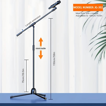 RodeoSonido Premium Microphone Stand with detachable tripod boom stand, clip holder, and metal base, ideal for singing, speeches, performances, weddings, and outdoor events.