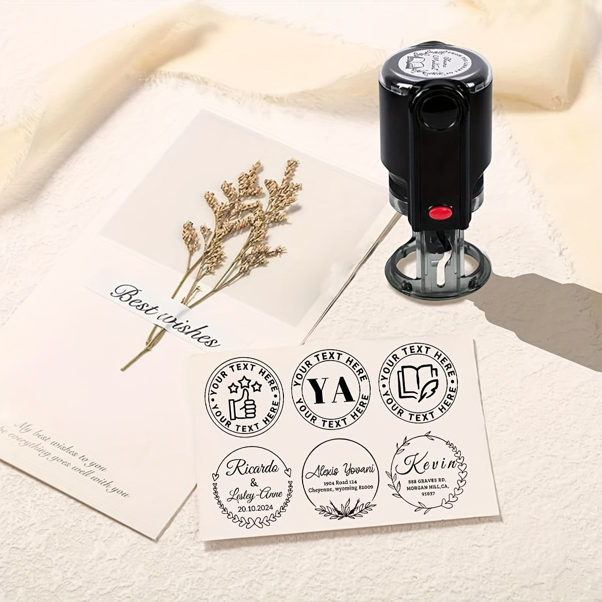 Customized self-inking stamp with personalized business logo and text.