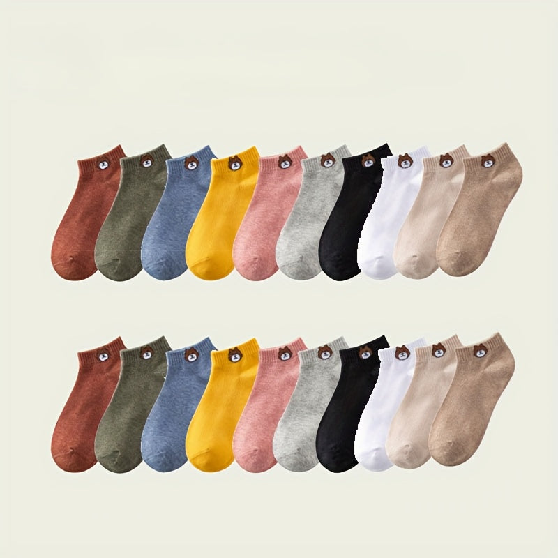 10 pairs of cute knit ankle socks with cartoon bear design for spring & autumn outdoor sports wear, made of polyester and machine & dry cleanable.