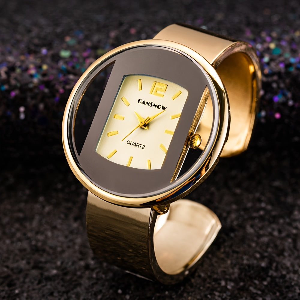 Luxury women's wrist watch with hollow dial, round analog display, alloy case and strap, and button battery for fashion accessory.