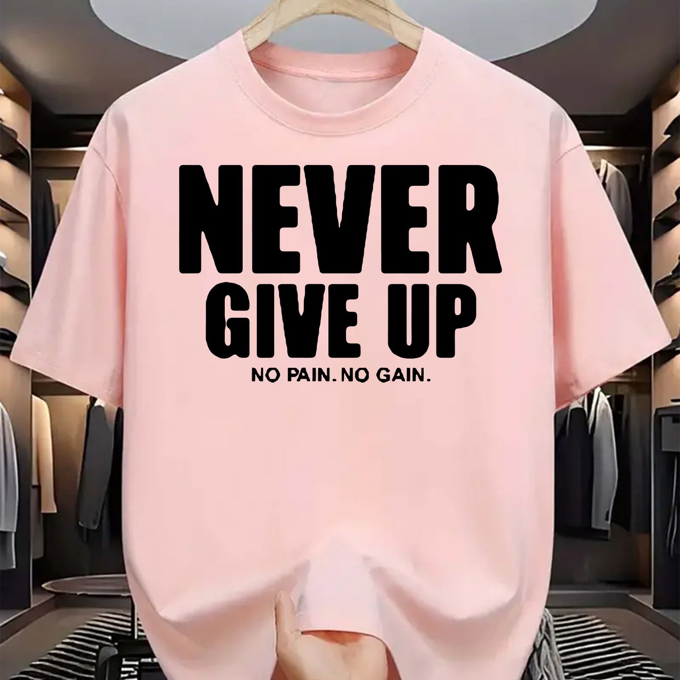 Men's casual crew neck t-shirt with "Never Give Up" print, made of polyester knit fabric with a slight stretch for a regular fit. Perfect for daily wear in summer with short sleeves.