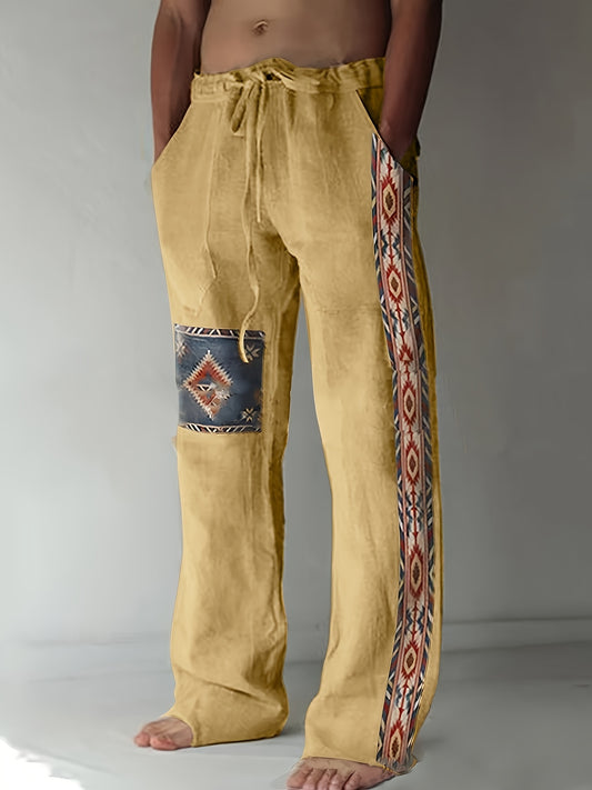 Men's ethnic casual pants made from a blend of 65% cotton and 35% polyester. Features a geometric pattern, drawstring waist, regular fit, and woven fabric. Suitable for spring/fall seasons