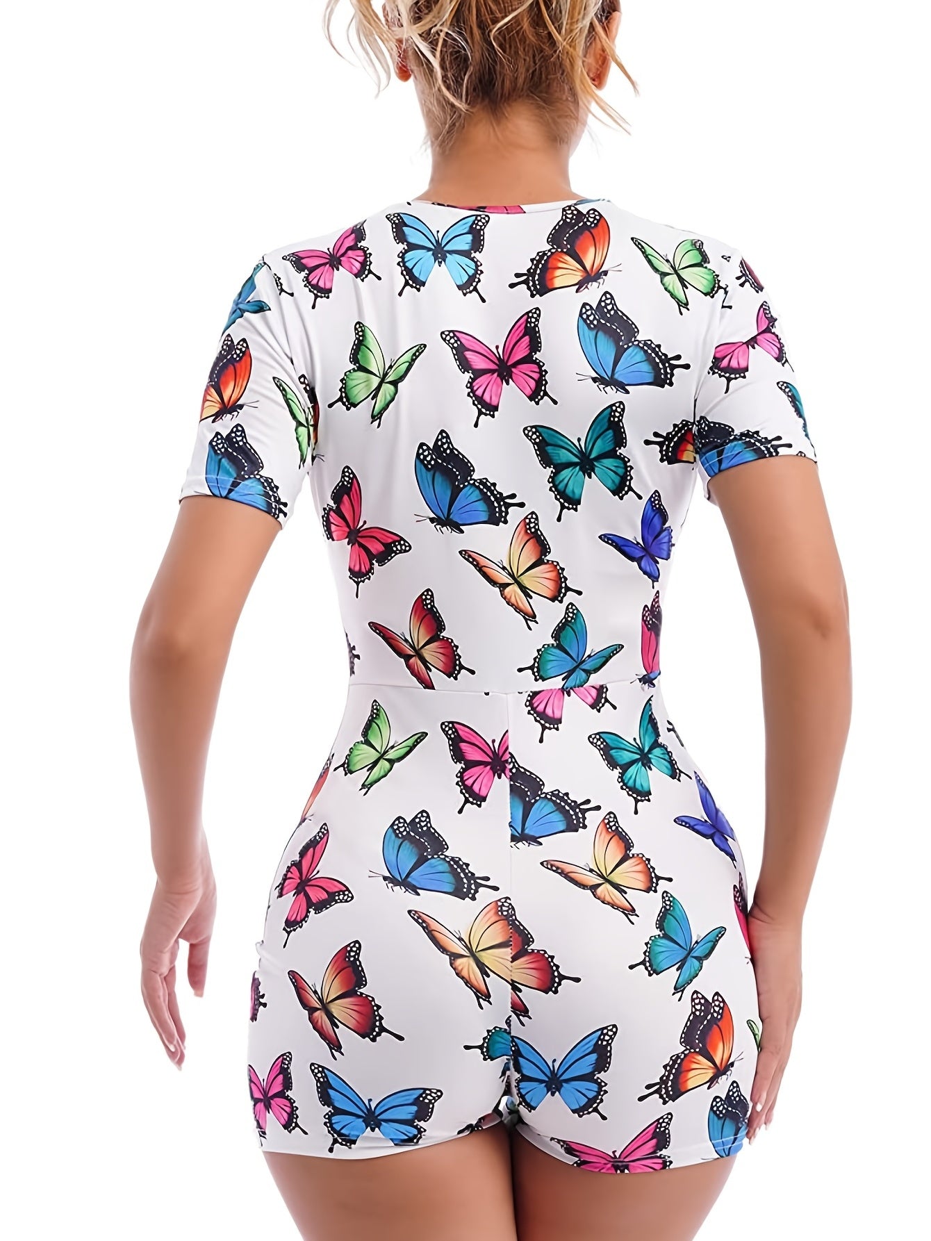 Butterfly Print Lounge Bodysuit, Crew Neck Romper for Women loungewear