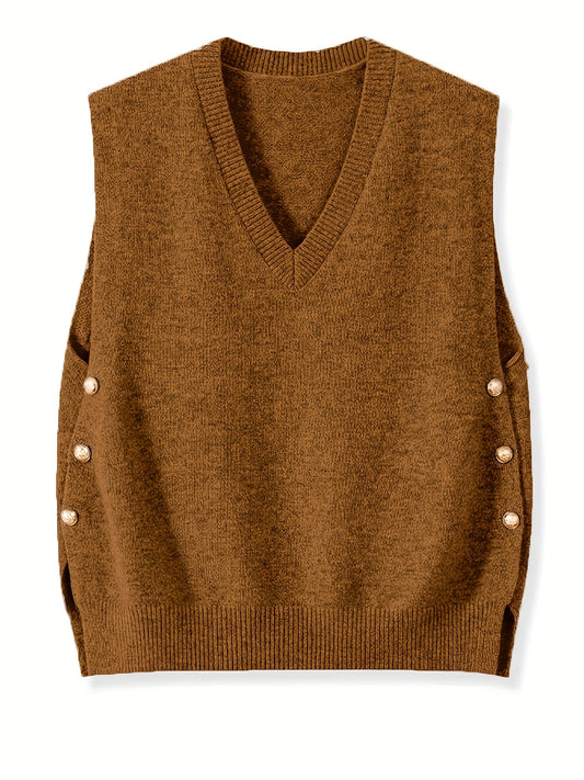 V-Neck Knitted Vest with Side Buttons