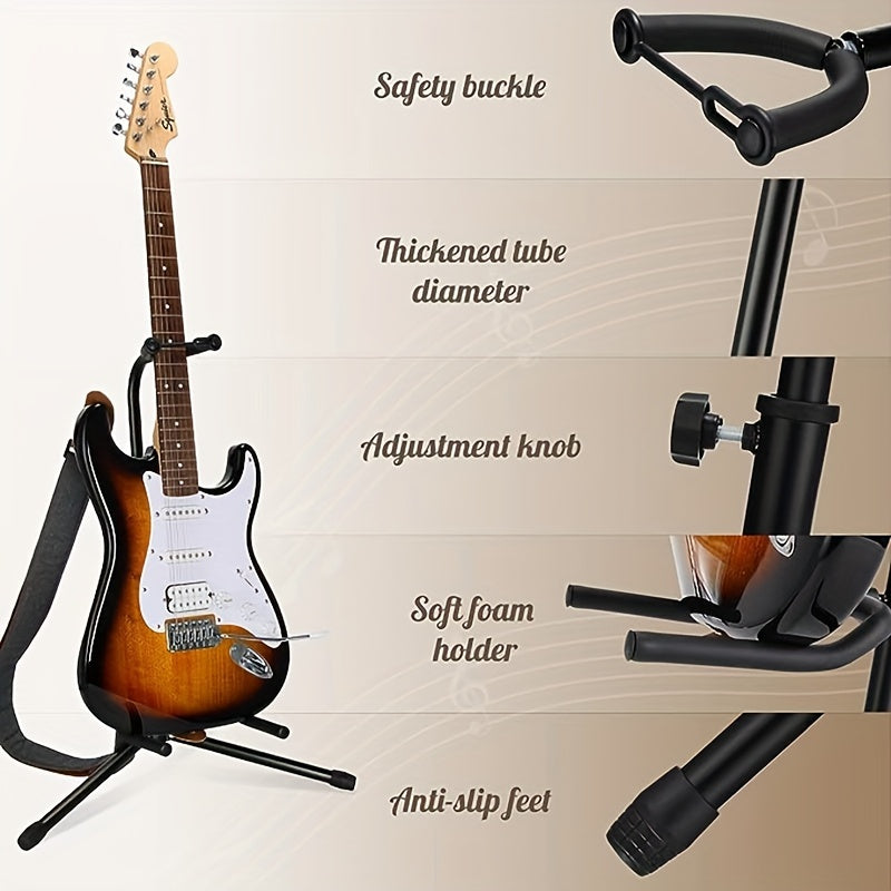 Portable guitar stand, adjustable height, foldable, with soft padding and rubber feet for all guitar types.