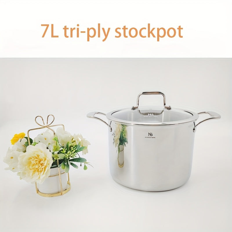 One 7L Stainless Steel Stockpot with Glass Lid - 304 Triple-Layer Deep Cooking Pot, Ideal for Large Size Kitchen Cookware, Suitable for Electric, Induction, and Gas Stovetops - Includes 1 Pot