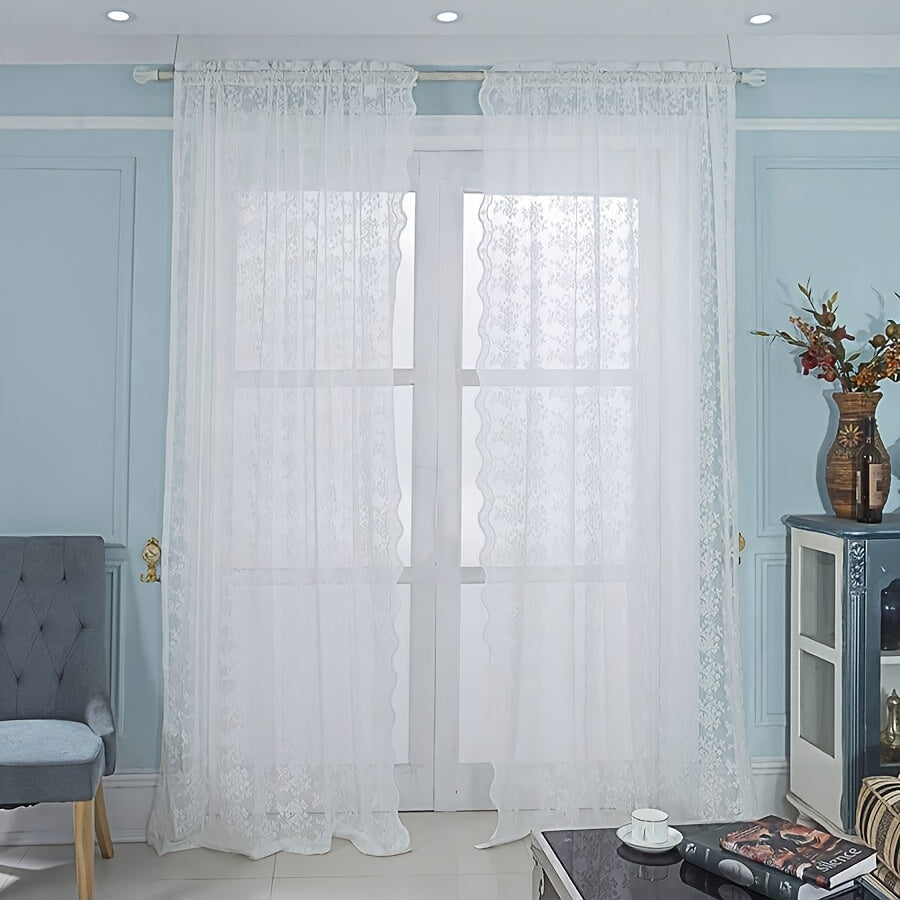 White Lace Window Screen with Double Lace Rod, Solid Color Jacquard Lace Curtain, and White Gauze Curtain - 1 piece