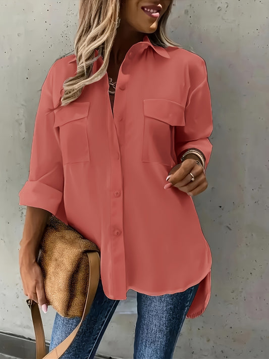 Plus size casual button front shirt with flap pockets, perfect for spring.