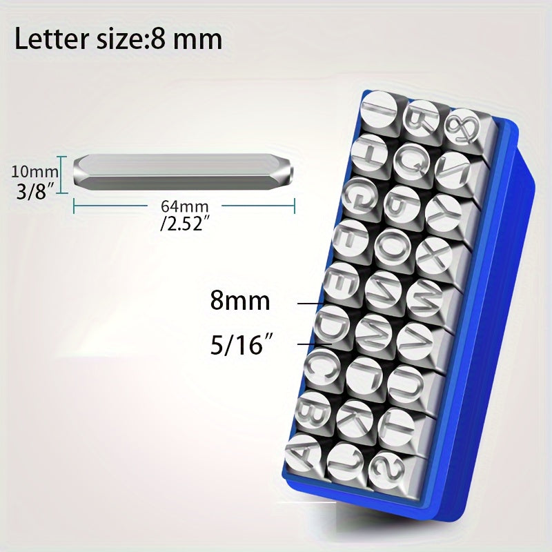 Alloy steel stamp set for imprinting on various materials such as metal, plastic, wood, and leather. Great for crafting and arts.