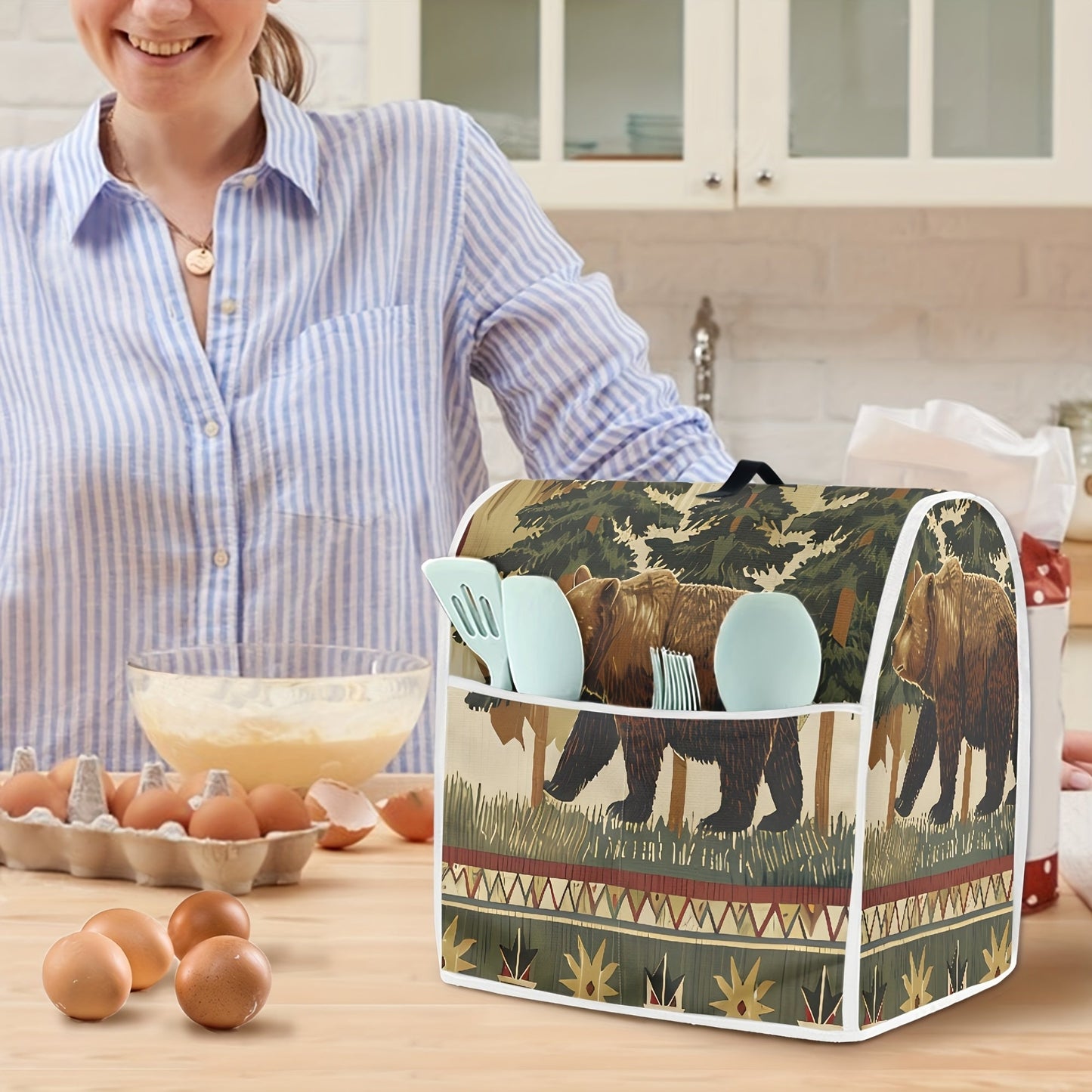 Protect your 6-8 quart stand mixer with this rustic jungle bear print dust cover. This protective cover features an accessory pocket and top handle for convenient storage and transport. Ideal for use in the kitchen or dining room.