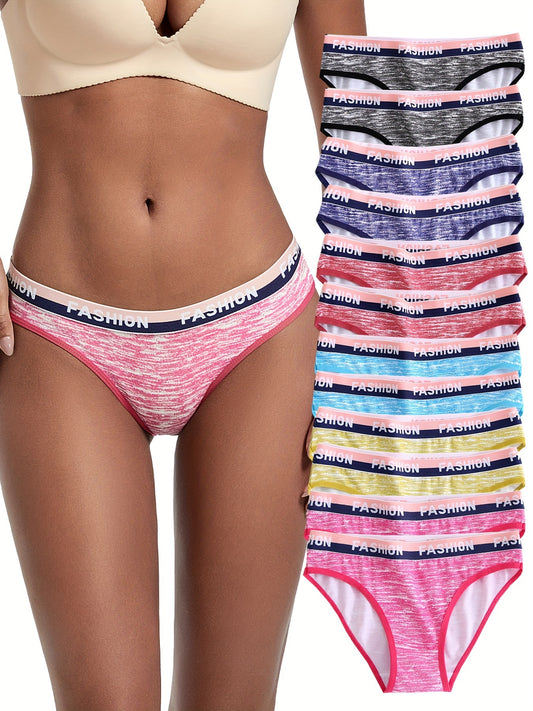 12pcs Women's Briefs with Letter Print in Assorted Colors - Comfortable, Breathable, Stretchy Underwear for Home & Active Lifestyles