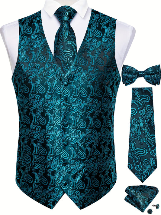 Plus size men's paisley suit vest set with tie, bow tie, pocket square, and cufflinks - perfect for parties.