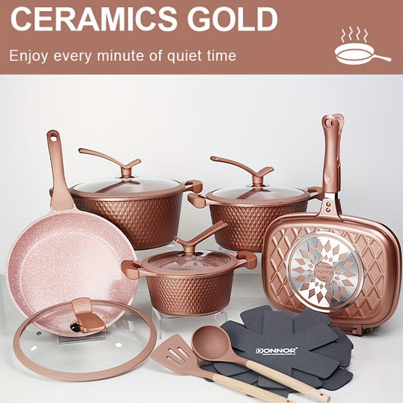 Luxury Set of 15 High-Quality Non-Stick Diamond Series Cookware Pieces, Including Frying Pans, Soup Pots, and Multi-Functional Die-Cast Aluminum Pot, Perfect for High-End Kitchen Cooking Combination.