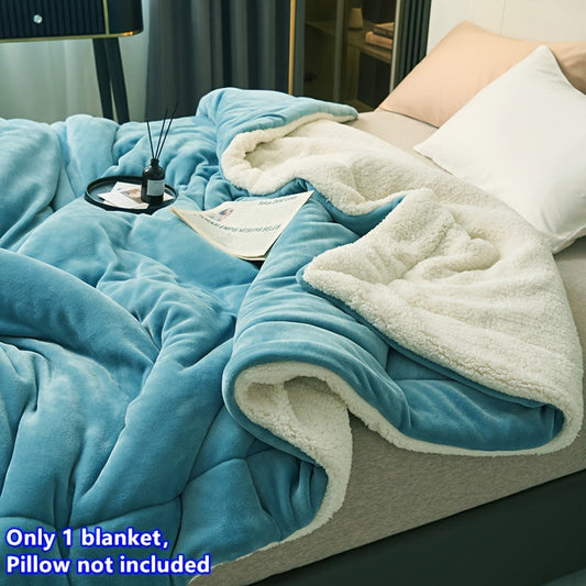 Luxurious double-layer blanket made from soft milk velvet lamb fleece, perfect for staying warm during winter. Can be machine washed and used as a versatile bedding accessory.