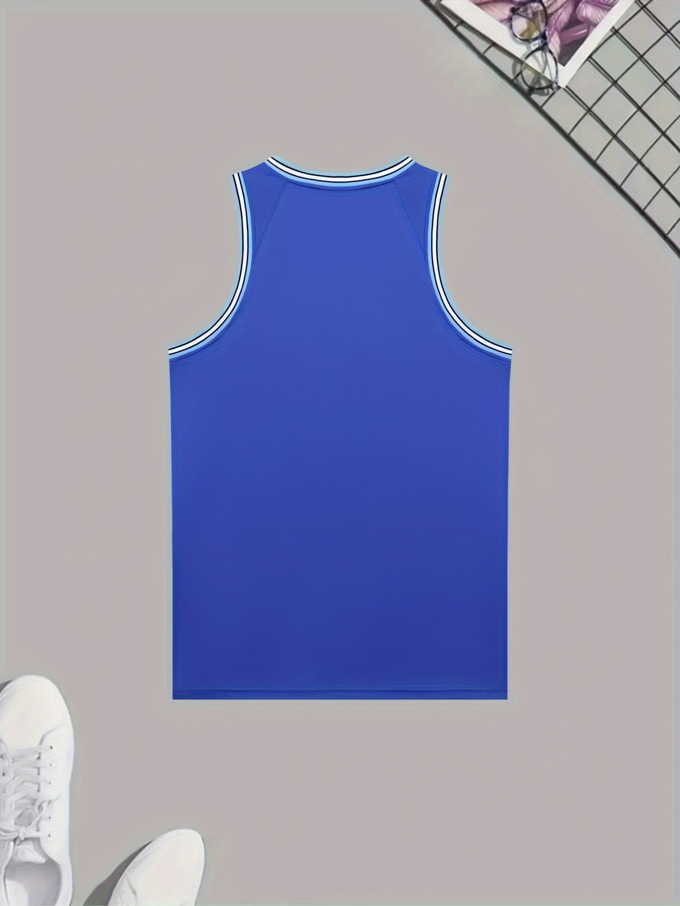 Men's athletic tank top and shorts set made of polyester knit fabric with slight stretch. Features a casual sports style, solid color with logo detail, and all-season loose fit activewear.