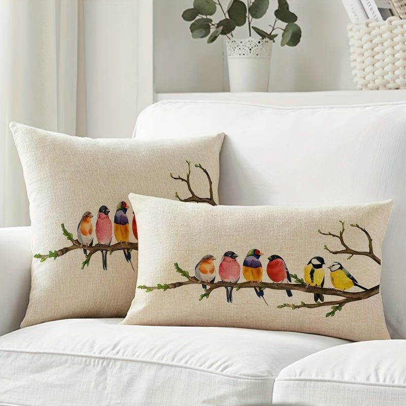 Charming bird and floral design throw pillow cover in farmhouse style. Zippered polyester case for sofa and bedroom decor, machine washable. Available in 12x20 inches or 45.72x45.72 cm (insert not included).